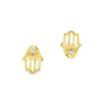 18ct yellow gold Hamsa hand stud earrings featuring an open hand design with bezel-set diamonds symbolising protection and positive energy.