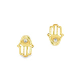 18ct yellow gold Hamsa hand stud earrings featuring an open hand design with bezel-set diamonds symbolising protection and positive energy.