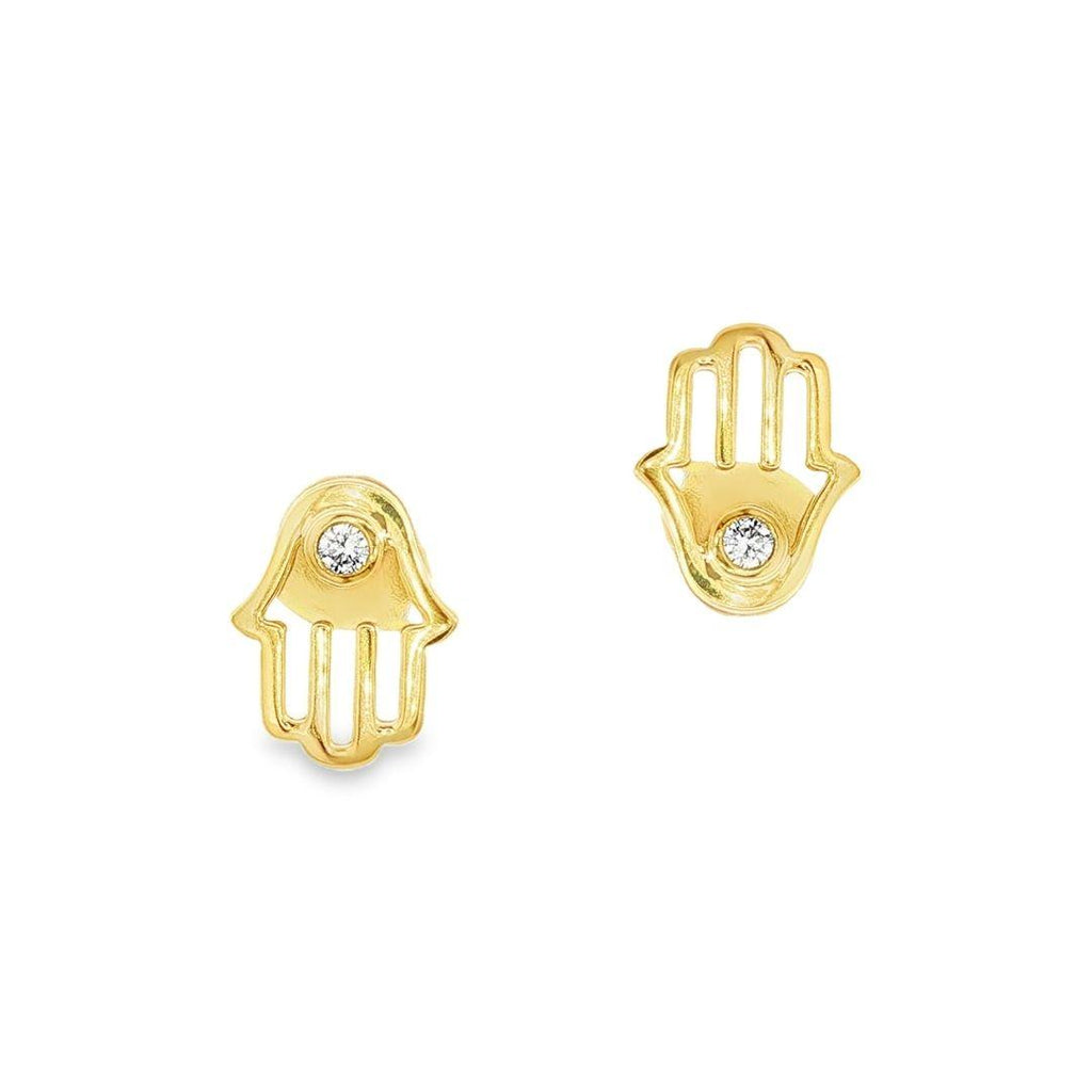 18ct yellow gold Hamsa hand stud earrings featuring an open hand design with bezel-set diamonds symbolising protection and positive energy.