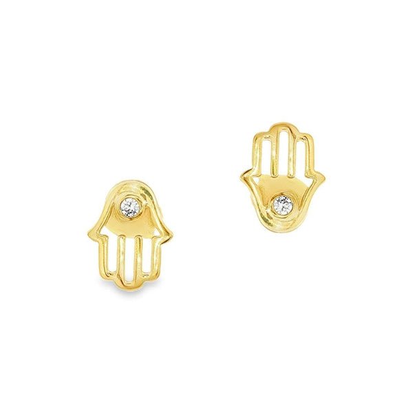 18ct yellow gold Hamsa hand stud earrings featuring an open hand design with bezel-set diamonds symbolising protection and positive energy.
