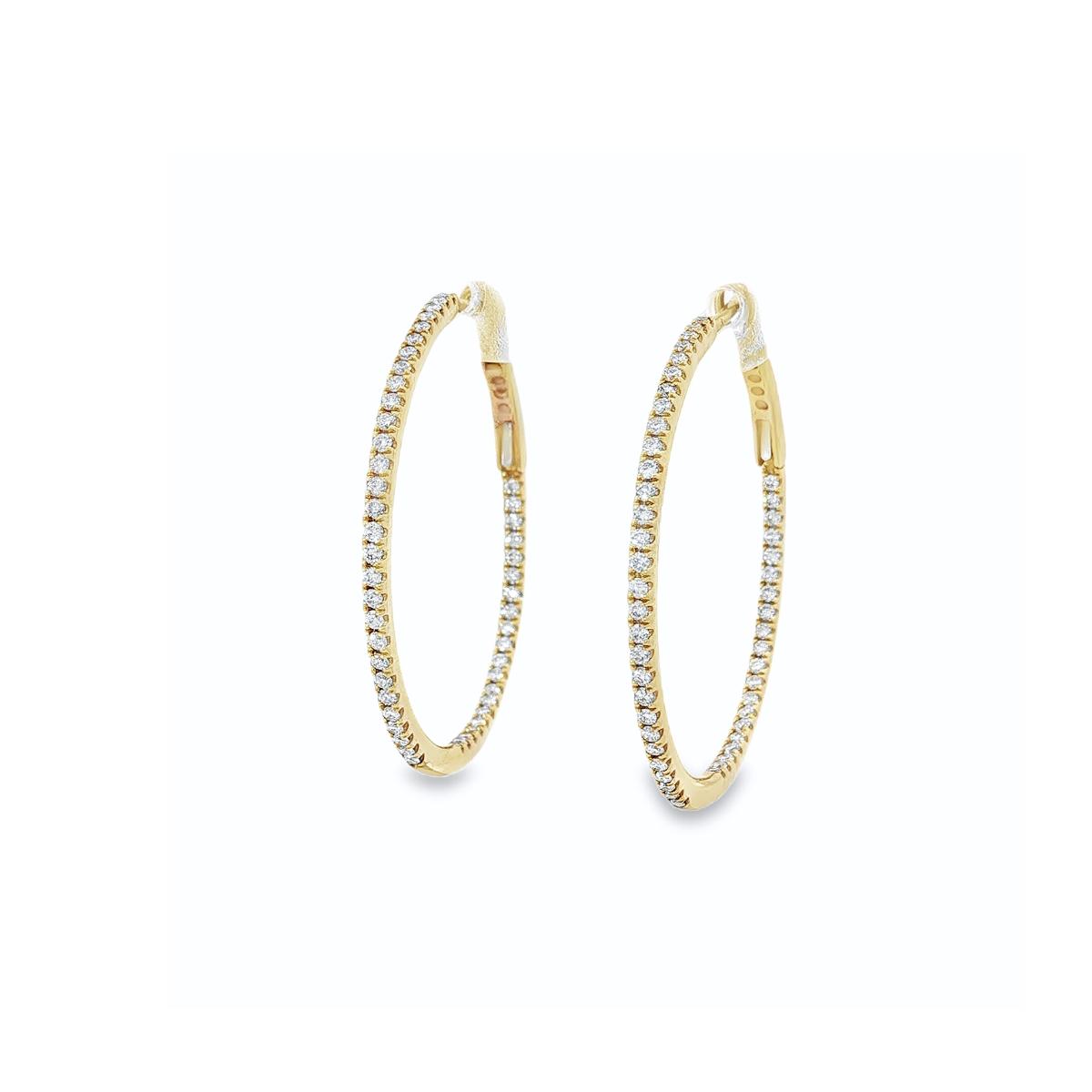 18ct yellow gold diamond hoop earrings with diamonds set along front and inside back