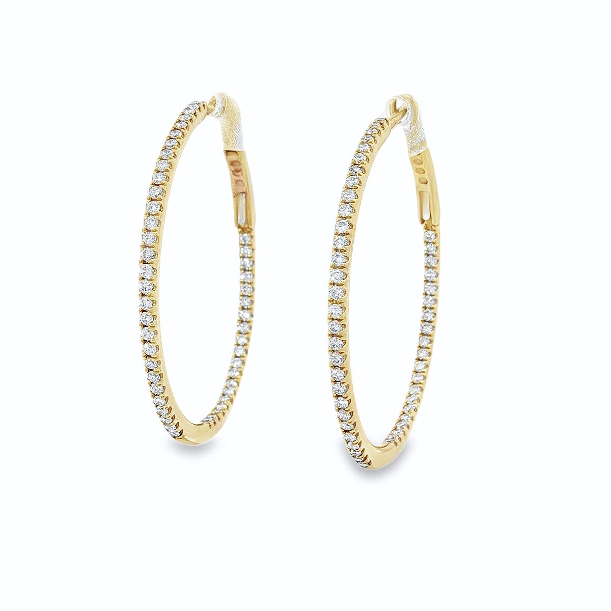 18ct yellow gold diamond hoop earrings with diamonds set along front and inside back