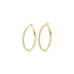 18ct yellow gold hoop earrings with claw-set round brilliant cut diamonds down the front and inside back, featuring 78 GH/SI diamonds totalling 0.47ct.