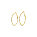 18ct yellow gold hoop earrings with claw-set round brilliant cut diamonds down the front and inside back, featuring 78 GH/SI diamonds totalling 0.47ct.