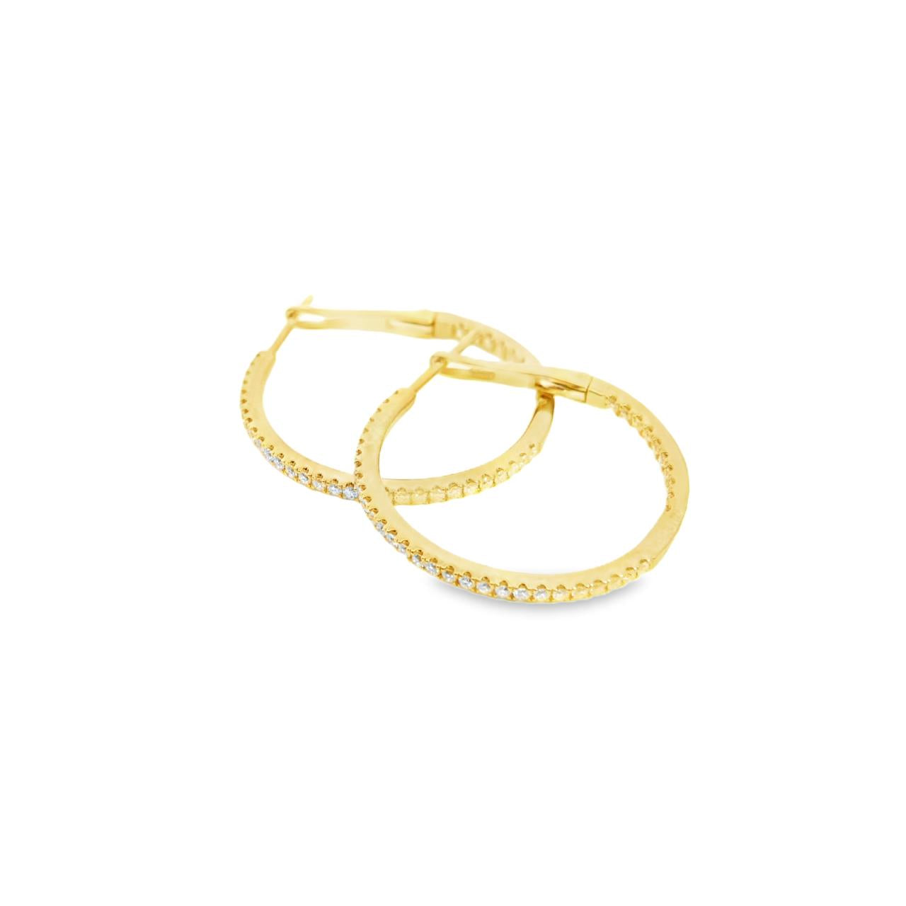 18ct yellow gold hoop earrings with claw-set round brilliant cut diamonds down the front and inside back, featuring 78 GH/SI diamonds totalling 0.47ct.