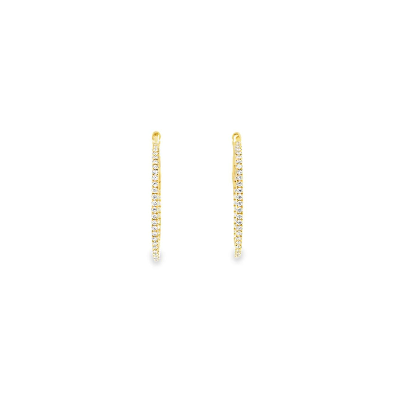 18ct yellow gold hoop earrings with claw-set round brilliant cut diamonds down the front and inside back, featuring 78 GH/SI diamonds totalling 0.47ct.