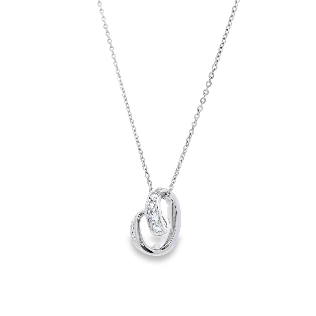 18ct white gold ribbon-style pendant featuring a row of claw-set round brilliant cut diamonds on a 45cm trace link chain.
