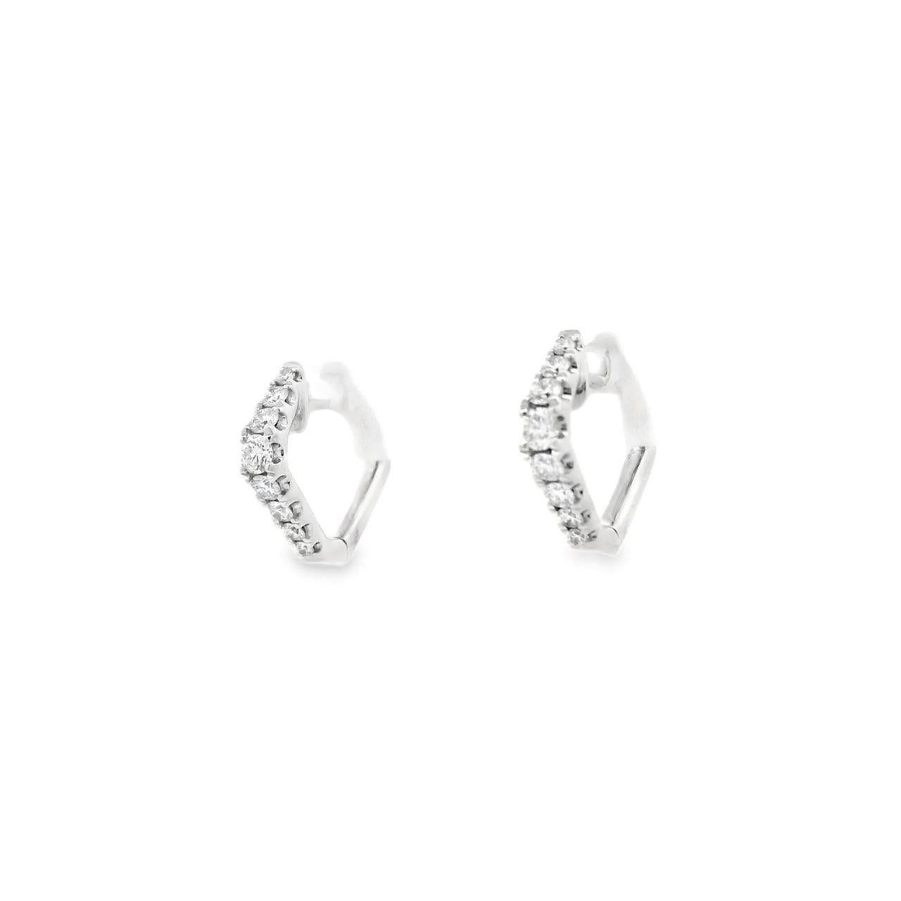 18ct white gold huggie earrings with distinctive diamond-shaped profile, featuring 16 round brilliant cut diamonds set down the front, hinged with clip catch fittings.