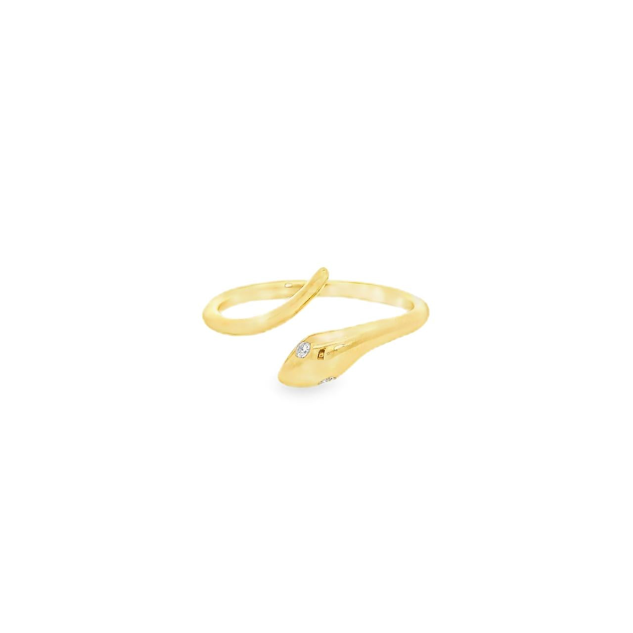 18ct yellow gold snake ring featuring two round brilliant cut diamonds as eyes in an open wrap-around crossover design.