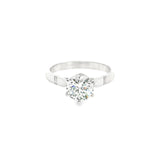 Platinum diamond solitaire ring featuring a 1.53ct round brilliant cut diamond in a six-claw setting, size Q (resizeable).