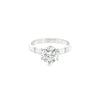 Platinum diamond solitaire ring featuring a 1.53ct round brilliant cut diamond in a six-claw setting, size Q (resizeable).