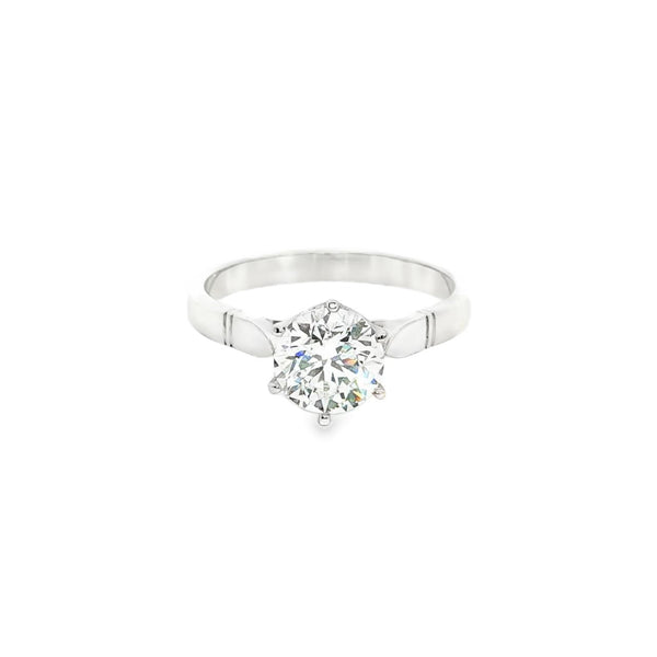 Platinum diamond solitaire ring featuring a 1.53ct round brilliant cut diamond in a six-claw setting, size Q (resizeable).