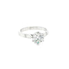 Platinum diamond solitaire ring featuring a 1.53ct round brilliant cut diamond in a six-claw setting, size Q (resizeable).