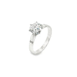 Platinum diamond solitaire ring featuring a 1.53ct round brilliant cut diamond in a six-claw setting, size Q (resizeable).