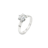 Platinum diamond solitaire ring featuring a 1.53ct round brilliant cut diamond in a six-claw setting, size Q (resizeable).
