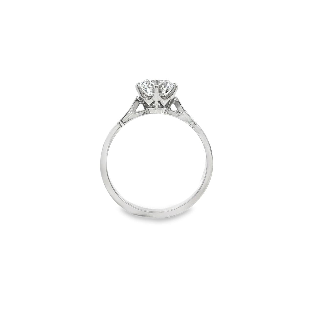 Platinum diamond solitaire ring featuring a 1.53ct round brilliant cut diamond in a six-claw setting, size Q (resizeable).