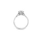 Platinum diamond solitaire ring featuring a 1.53ct round brilliant cut diamond in a six-claw setting, size Q (resizeable).