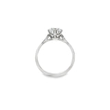 Platinum diamond solitaire ring featuring a 1.53ct round brilliant cut diamond in a six-claw setting, size Q (resizeable).