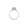 Platinum diamond solitaire ring featuring a 1.53ct round brilliant cut diamond in a six-claw setting, size Q (resizeable).