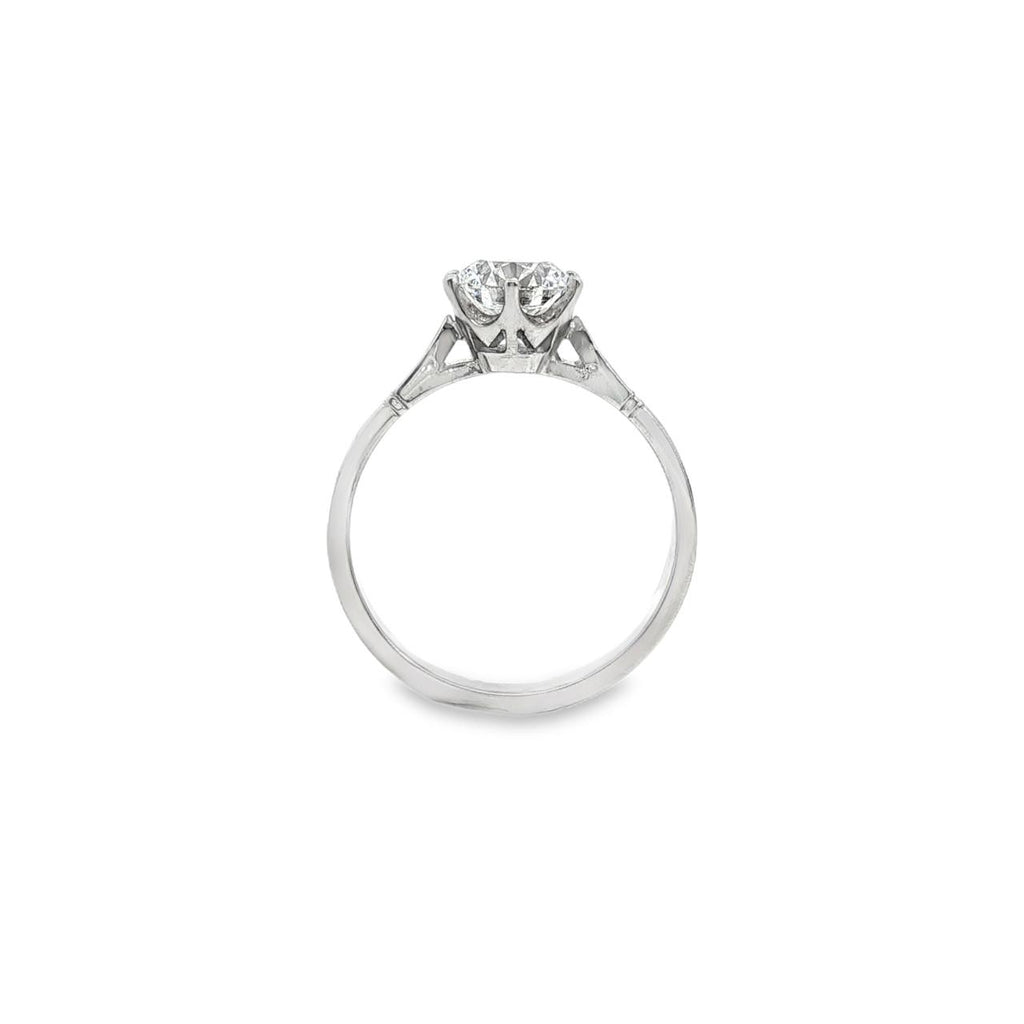 Platinum diamond solitaire ring featuring a 1.53ct round brilliant cut diamond in a six-claw setting, size Q (resizeable).
