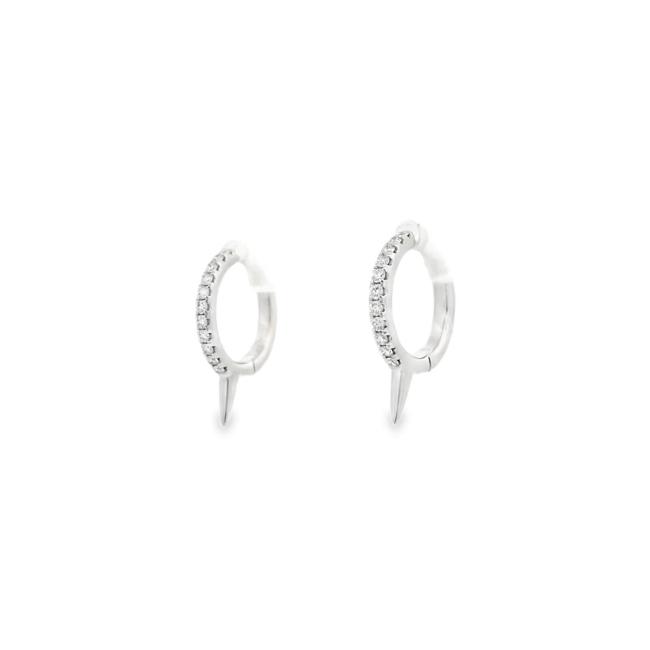 18ct white gold huggie earrings with 13mm round profile, diamond-set front and spike detail, hinged with clip catch fittings.