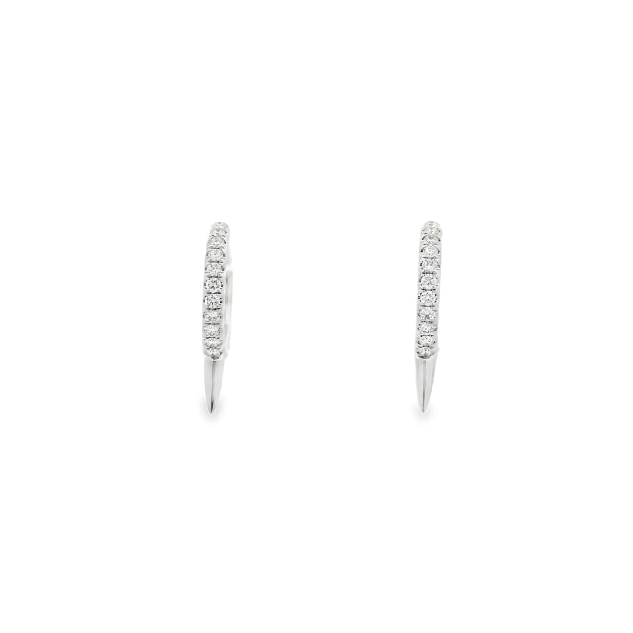 18ct white gold huggie earrings with 13mm round profile, diamond-set front and spike detail, hinged with clip catch fittings.