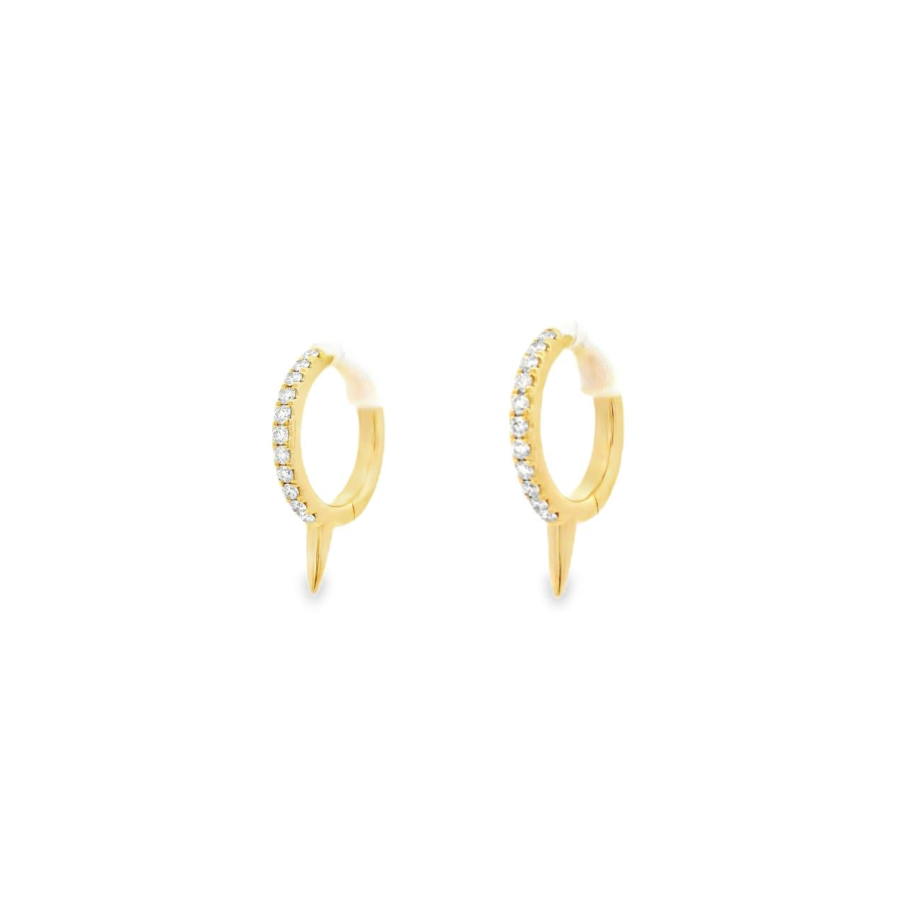 18ct yellow gold huggie earrings with diamond-set front and spike detail, 13mm round profile, hinged with clip catch fittings.