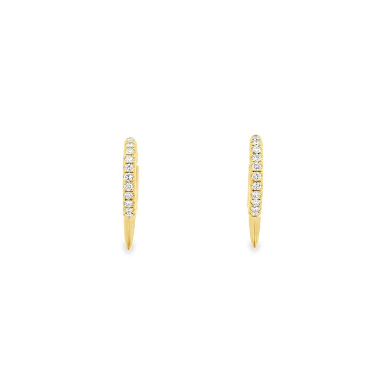 18ct yellow gold huggie earrings with diamond-set front and spike detail, 13mm round profile, hinged with clip catch fittings.
