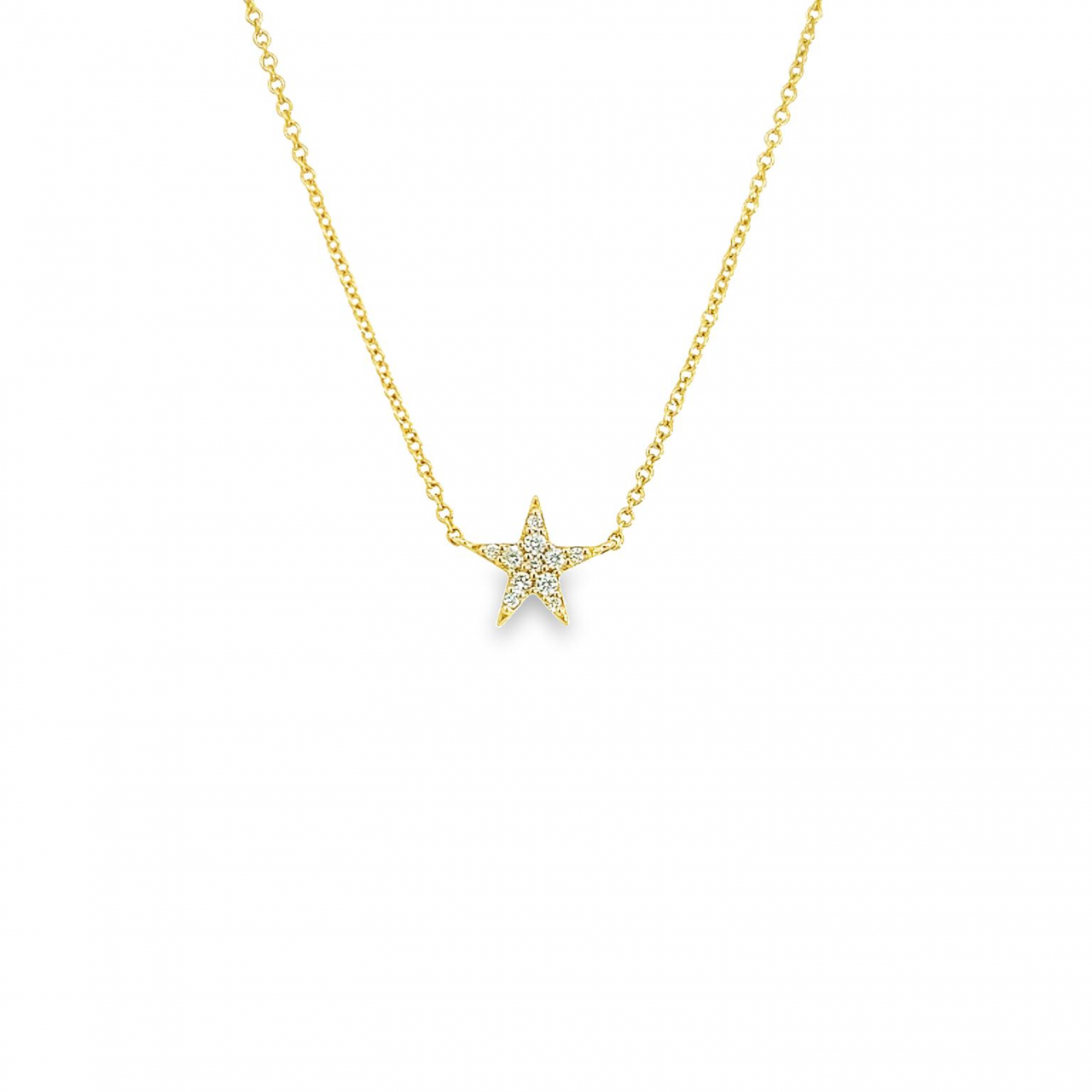 14ct yellow gold necklet featuring a five-pointed star pendant set with 11 round brilliant cut diamonds on a fine trace link chain.