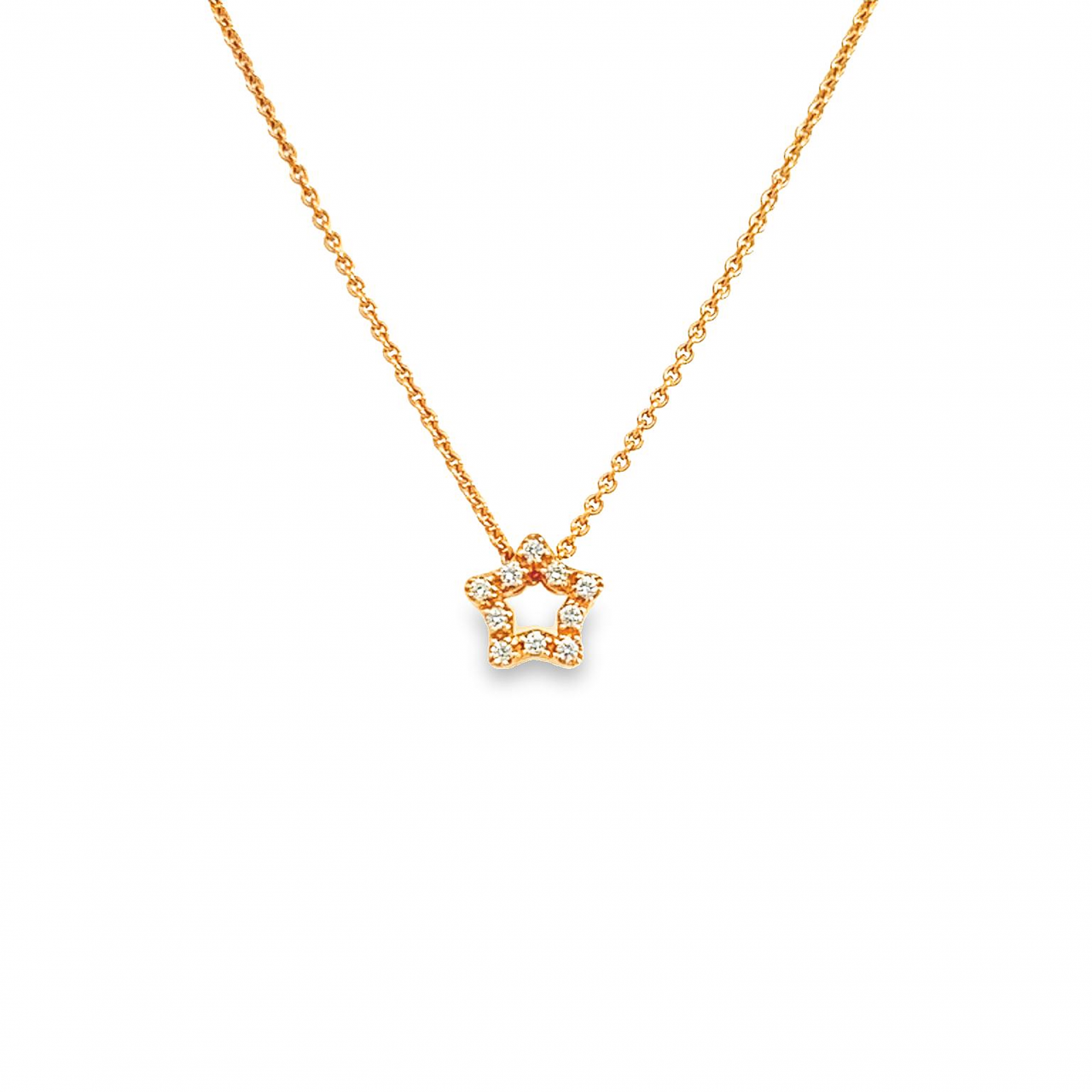 18ct rose gold diamond star necklet featuring a 0.07ct G/SI round brilliant cut diamond on a fine trace chain.