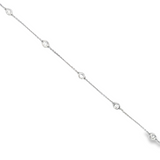 18ct white gold diamond station bracelet featuring five bezel-set round brilliant cut diamonds evenly spaced along a fine 19cm trace link chain.