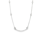 18ct white gold necklace featuring 13 bezel-set round brilliant cut diamonds spaced along a 42cm fine trace link chain.
