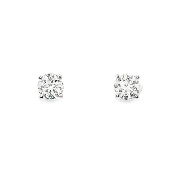 18ct white gold diamond stud earrings featuring a matched pair of round brilliant cut diamonds totalling 1.41ct in four-claw settings with post and butterfly fittings.
