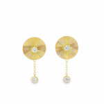 18ct yellow gold sunray disc earrings with raised claw and bezel-set round brilliant cut diamonds, featuring 4 GH/SI diamonds totalling 0.41ct.