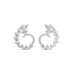 18ct white gold diamond swirl cluster stud earrings with four-claw centre and graduating halo of pear and round brilliant cut diamonds, post and butterfly fittings.