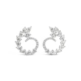 18ct white gold diamond swirl cluster stud earrings with four-claw centre and graduating halo of pear and round brilliant cut diamonds, post and butterfly fittings.