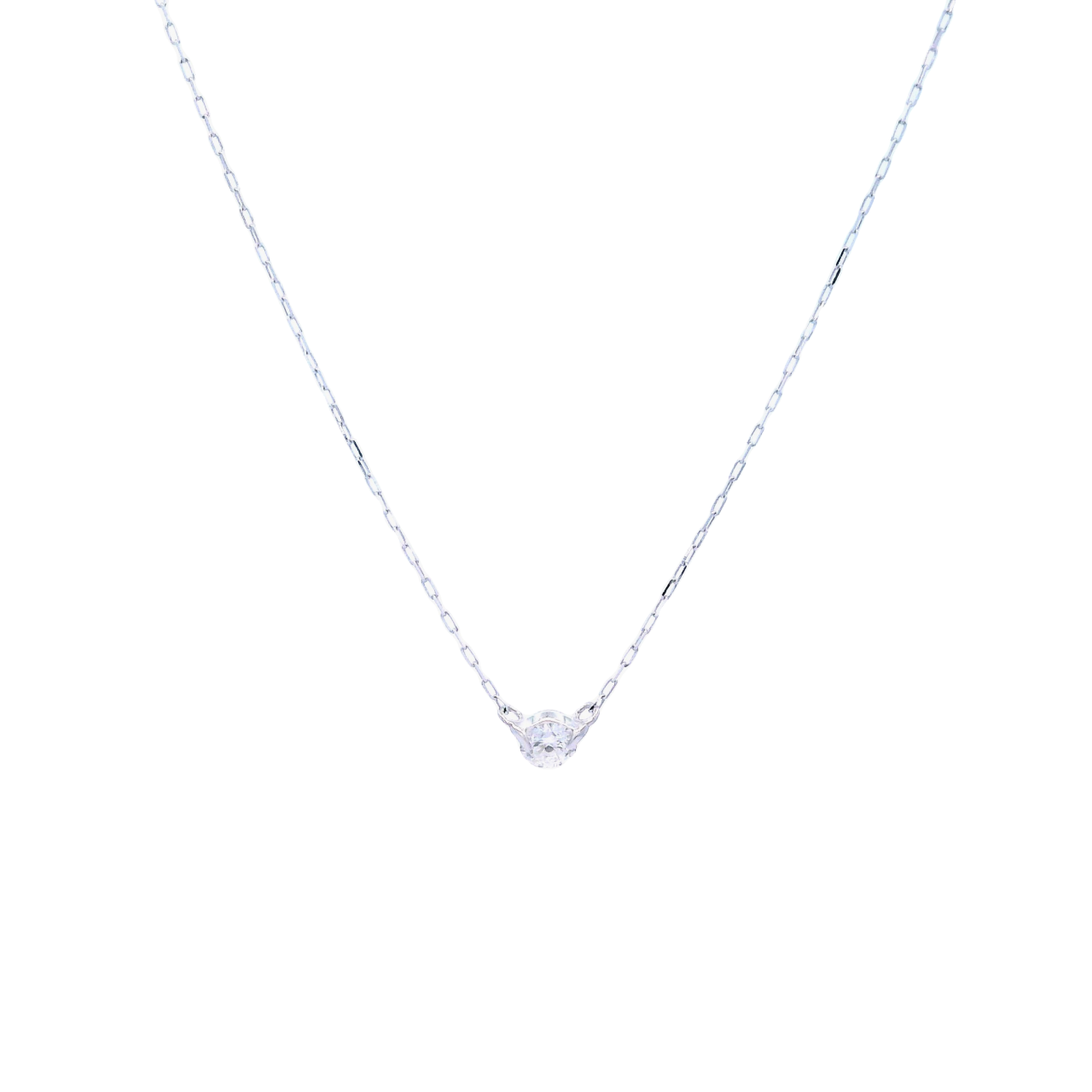 18ct white gold diamond necklet with 0.10ct round brilliant cut diamond in tab setting on fine oval faceted chain.