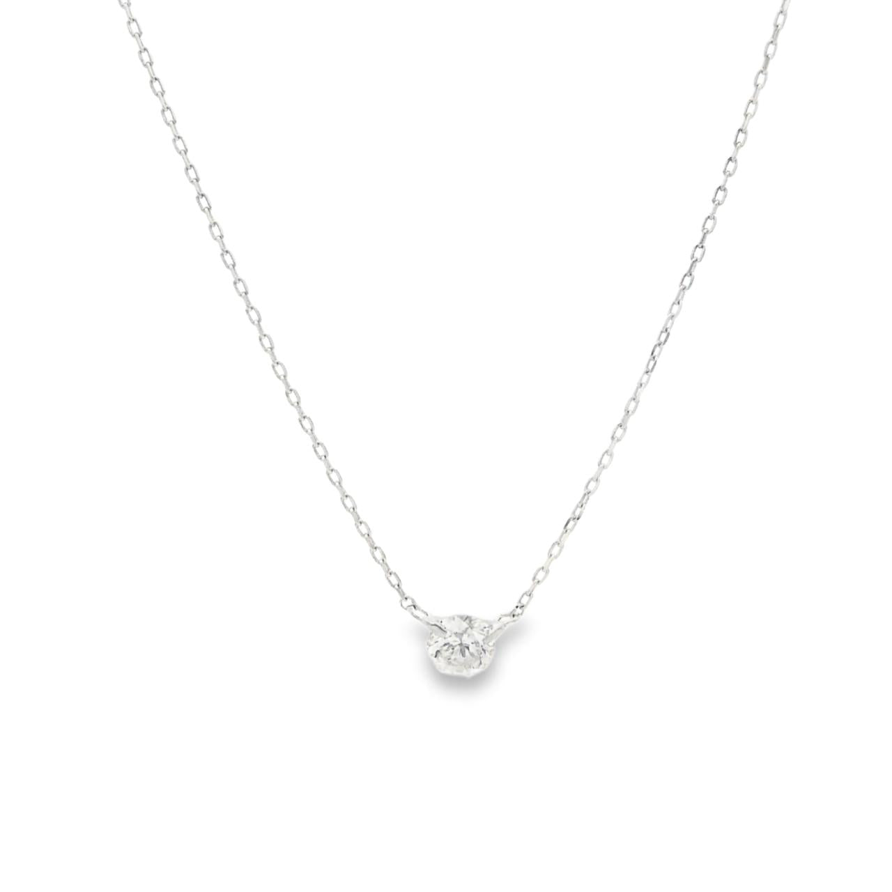 18ct white gold diamond tab set necklet with single round brilliant cut diamond on fine oval faceted chain.