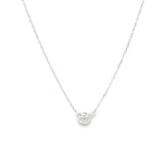 18ct white gold diamond tab set necklet with single round brilliant cut diamond on fine oval faceted chain.