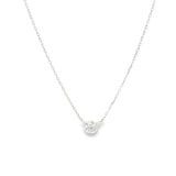 18ct white gold diamond tab set necklet with single round brilliant cut diamond on fine oval faceted chain.
