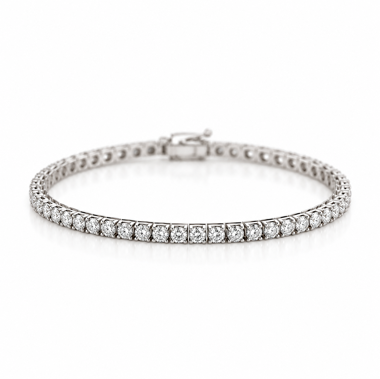 18ct white gold diamond tennis bracelet featuring 50 round brilliant cut diamonds totalling 2.50ct in classic four-claw settings.