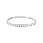 18ct white gold diamond tennis bracelet featuring fifty-one round brilliant cut diamonds totalling 5.51ct, in classic four-claw settings with a secure slide catch and fold-over clasp.