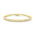 18ct yellow gold diamond tennis bracelet featuring fifty-eight round brilliant cut diamonds totalling 3.02ct, four-claw settings, and a secure slide catch with fold-over clasp.