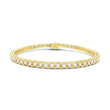 18ct yellow gold diamond tennis bracelet featuring fifty-eight round brilliant cut diamonds totalling 3.02ct, four-claw settings, and a secure slide catch with fold-over clasp.