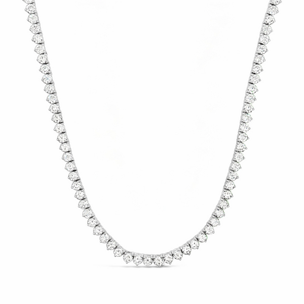 18ct white gold diamond tennis necklet featuring 152 round brilliant cut diamonds totalling 12.35ct (J/SI2) in three-claw settings with a slide clasp and fold-over catch.