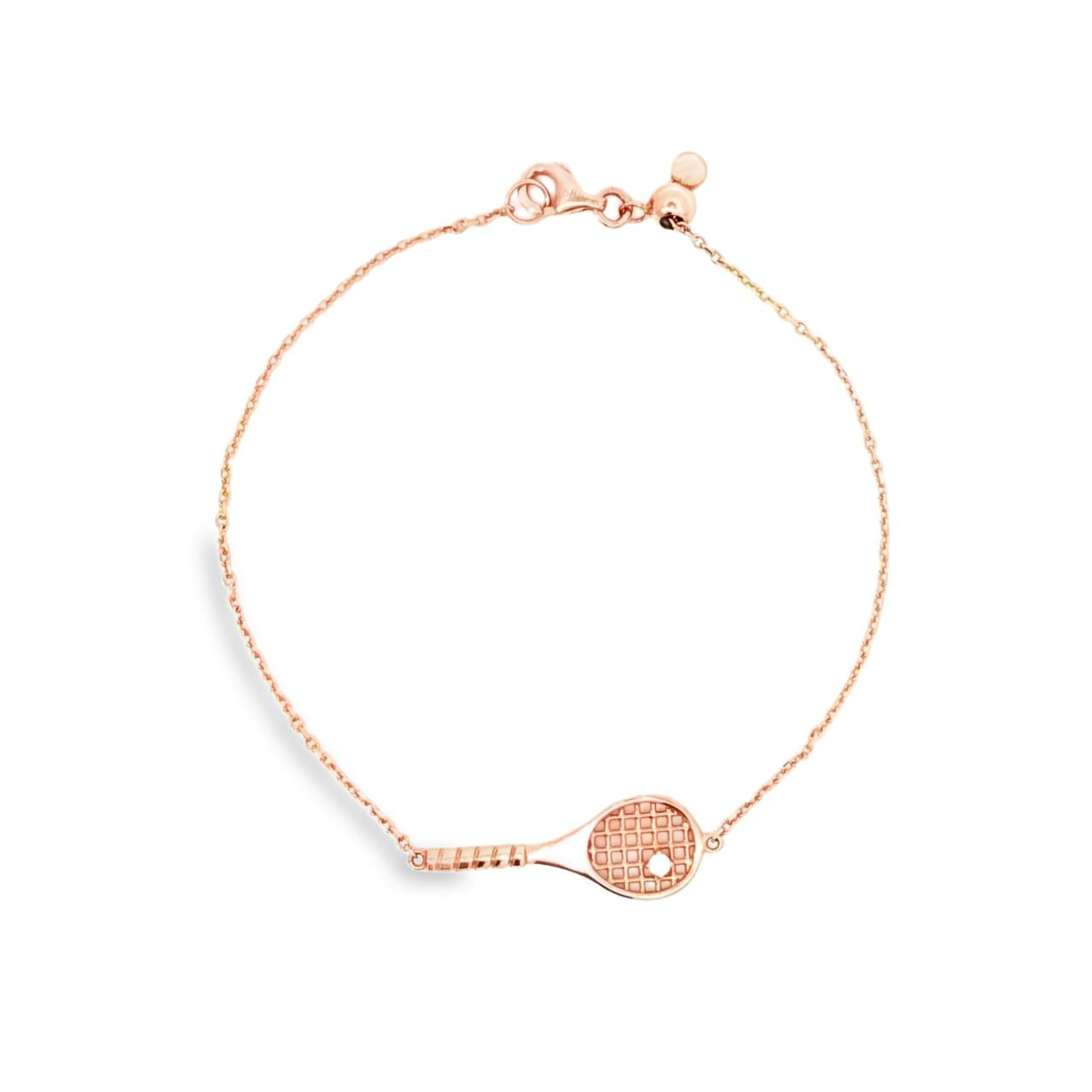 14ct rose gold diamond tennis bracelet featuring a fine adjustable trace link chain and a central tennis racquet charm set with a 0.03ct round brilliant cut diamond.