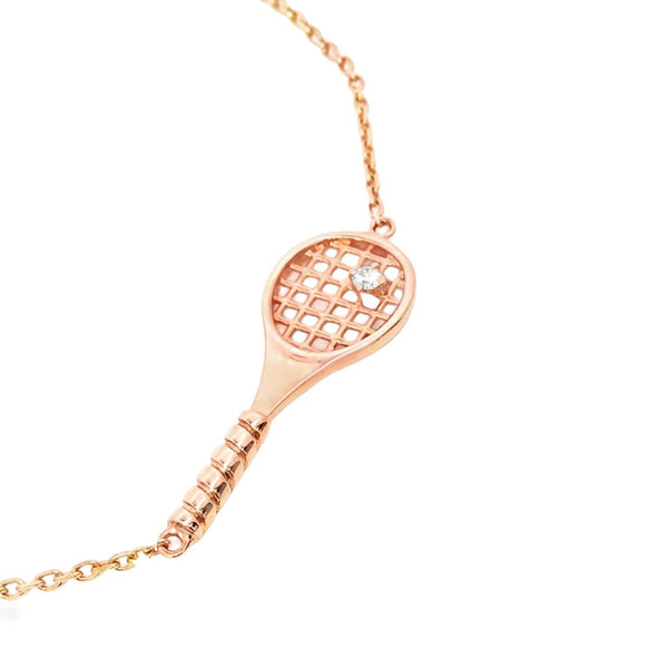 14ct rose gold diamond tennis bracelet featuring a fine adjustable trace link chain and a central tennis racquet charm set with a 0.03ct round brilliant cut diamond.
