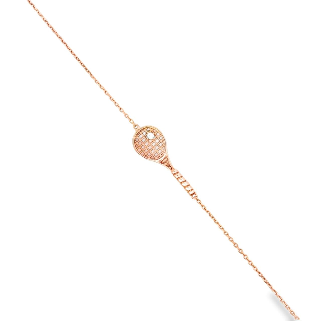 14ct rose gold diamond tennis bracelet featuring a fine adjustable trace link chain and a central tennis racquet charm set with a 0.03ct round brilliant cut diamond.