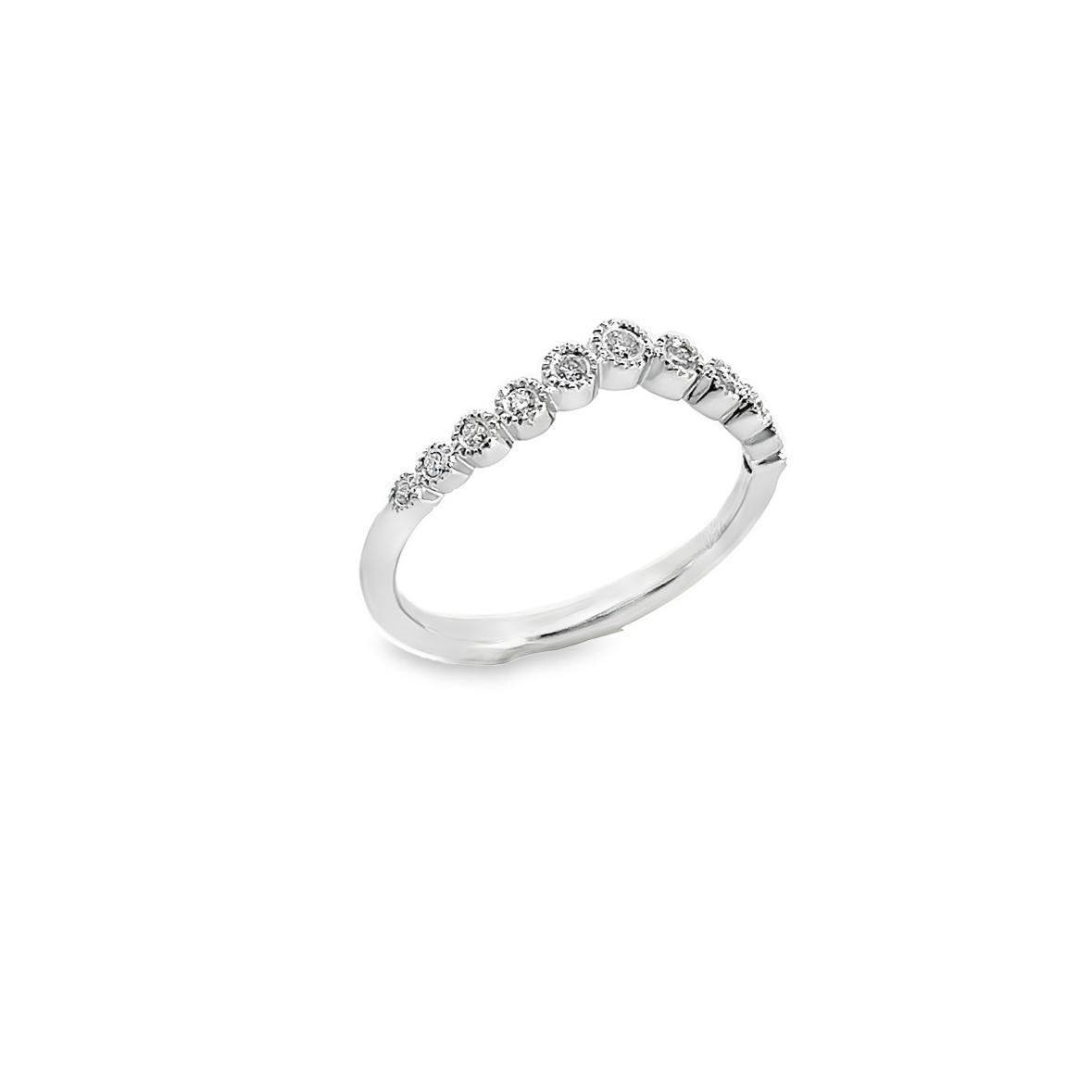 18ct white gold diamond ring featuring a curved design with graduated round settings and bead detailing.