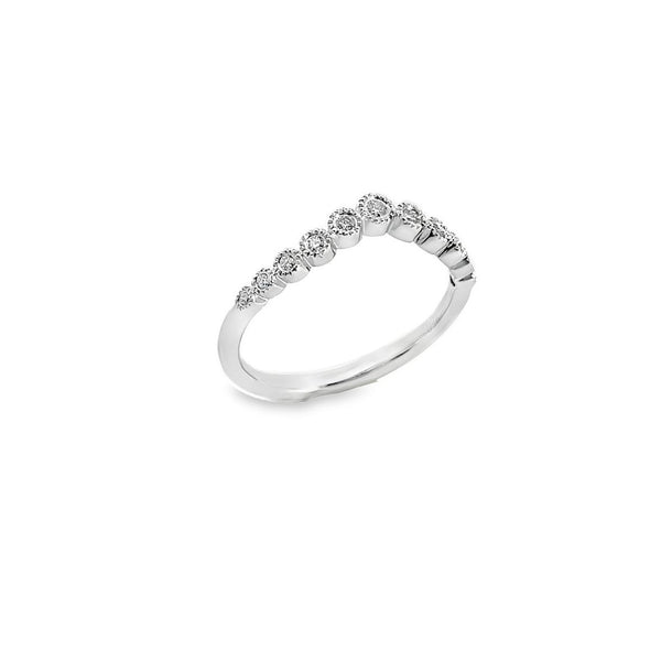 18ct white gold diamond ring featuring a curved design with graduated round settings and bead detailing.